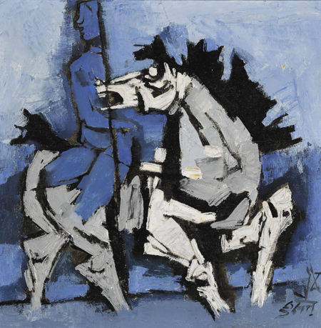Indian artist M F Husain Blue figure on Horse