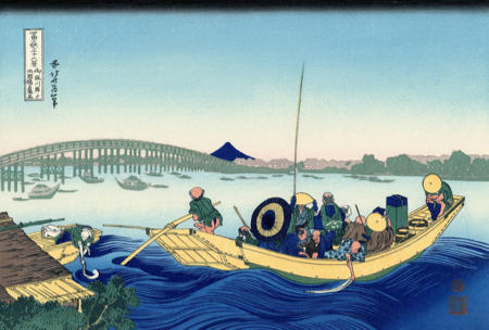 Sunset across the Ryogoku Bridge - Hokusai